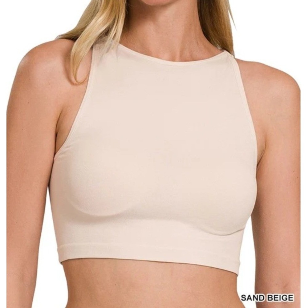 Zenana Sand beige Seamless Layering Tank Top High Neck Crop Top S/M New